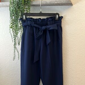 NWT Grace Karin pleated high rise dress pants elastic waist tie belt blue size S